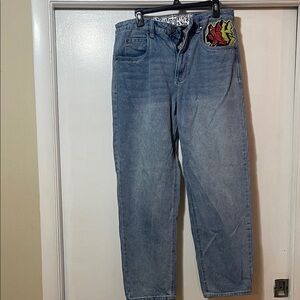 Mens skater  Blue Jeans with Graphic Patches size 32